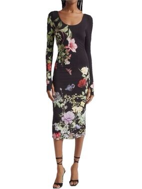 Alice + Olivia Delora Black Vibrant Floral Scoopneck Sheath Midi-Dress - Size 6